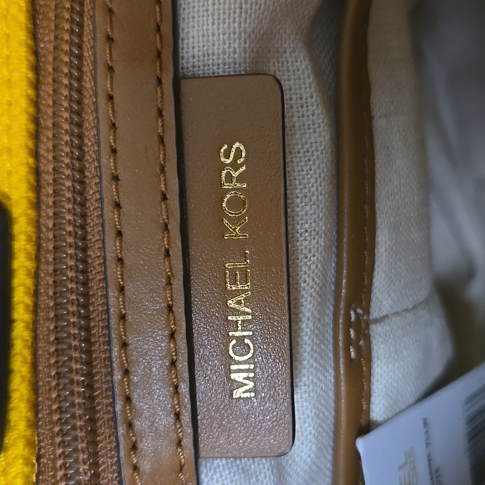 Michael Kors Yellow Fabric Shoulder Hobo Bag with Tan Leather Trim - NEW - Picture 8 of 9